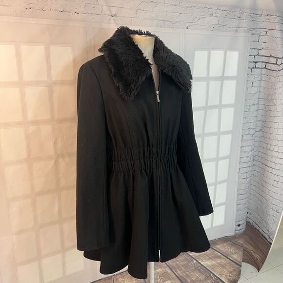 Laundry By Shelli Segal Fur Wide Collared Full Zip Fit & Flare Dress Coat Sz 14 - Picture 2 of 11